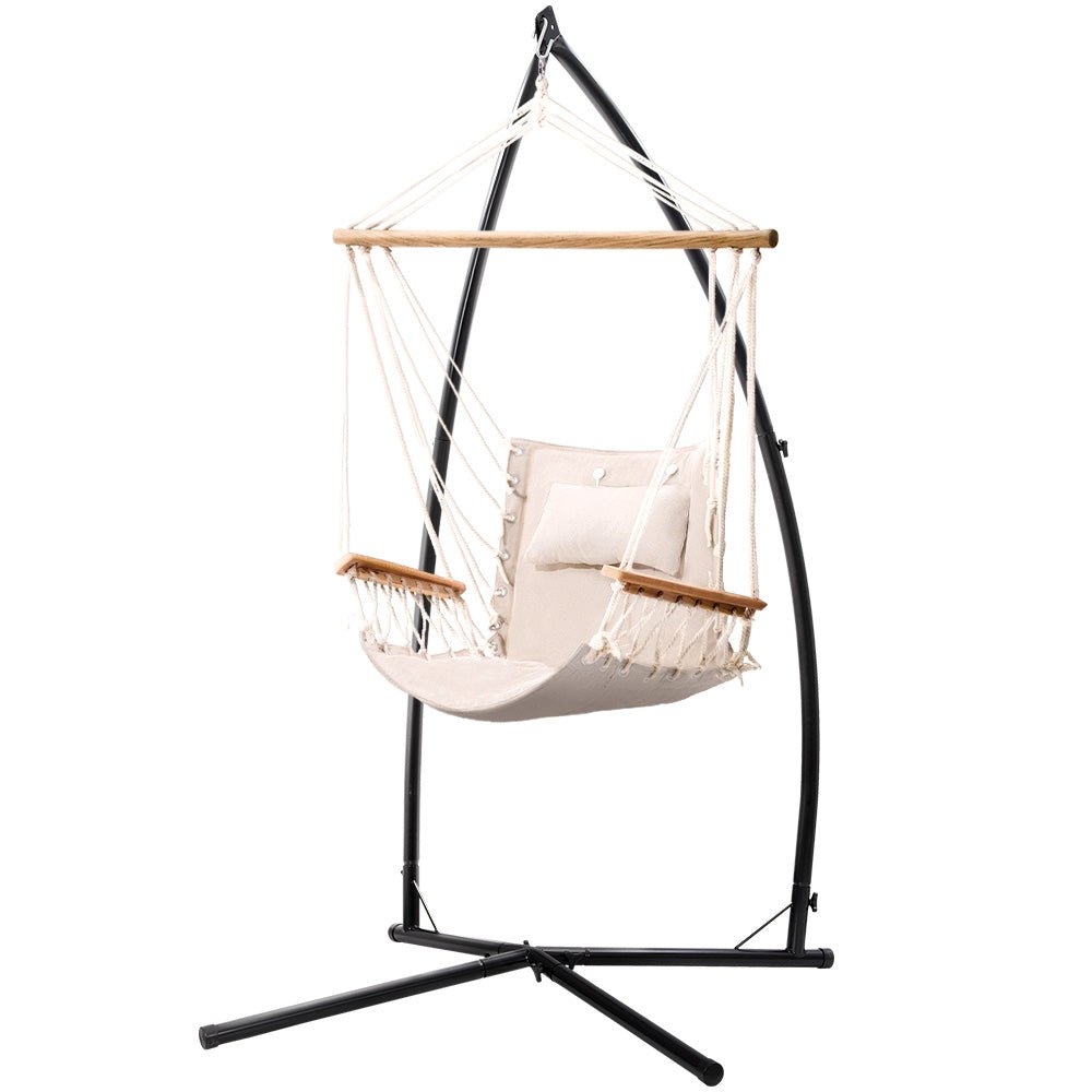 Gardeon Hammock Chair with Steel Stand Armrest Outdoor Hanging Cream - OZ Home Deals