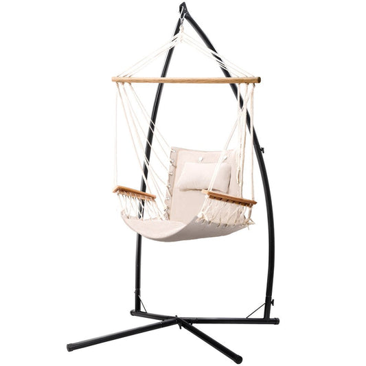 Gardeon Hammock Chair with Steel Stand Armrest Outdoor Hanging Cream - OZ Home Deals