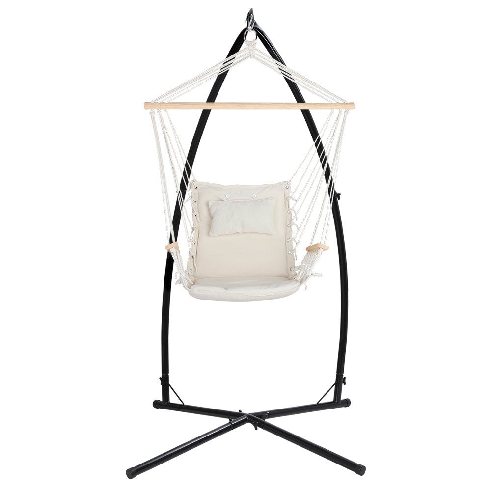 Gardeon Hammock Chair with Steel Stand Armrest Outdoor Hanging Cream - OZ Home Deals