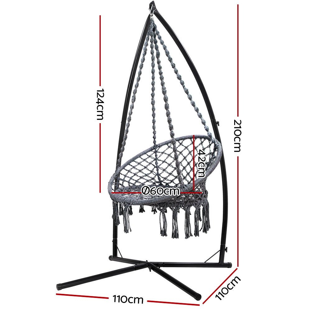 Gardeon Hammock Chair with Steel Stand Macrame Outdoor Swinging Grey - OZ Home Deals
