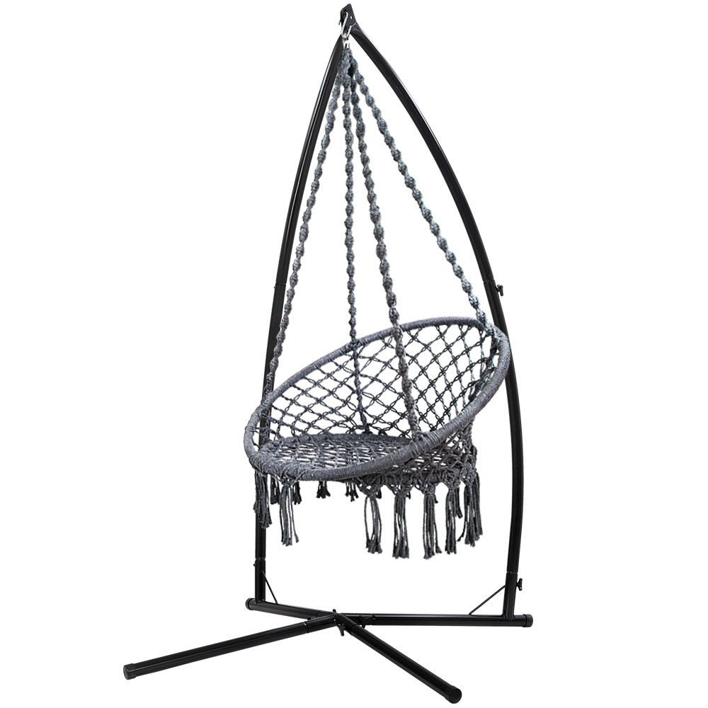 Gardeon Hammock Chair with Steel Stand Macrame Outdoor Swinging Grey - OZ Home Deals