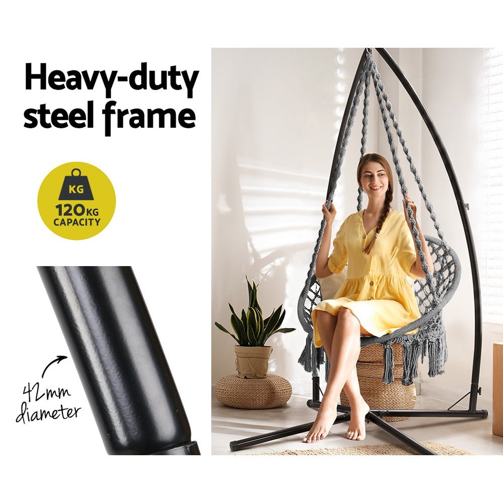 Gardeon Hammock Chair with Steel Stand Macrame Outdoor Swinging Grey - OZ Home Deals