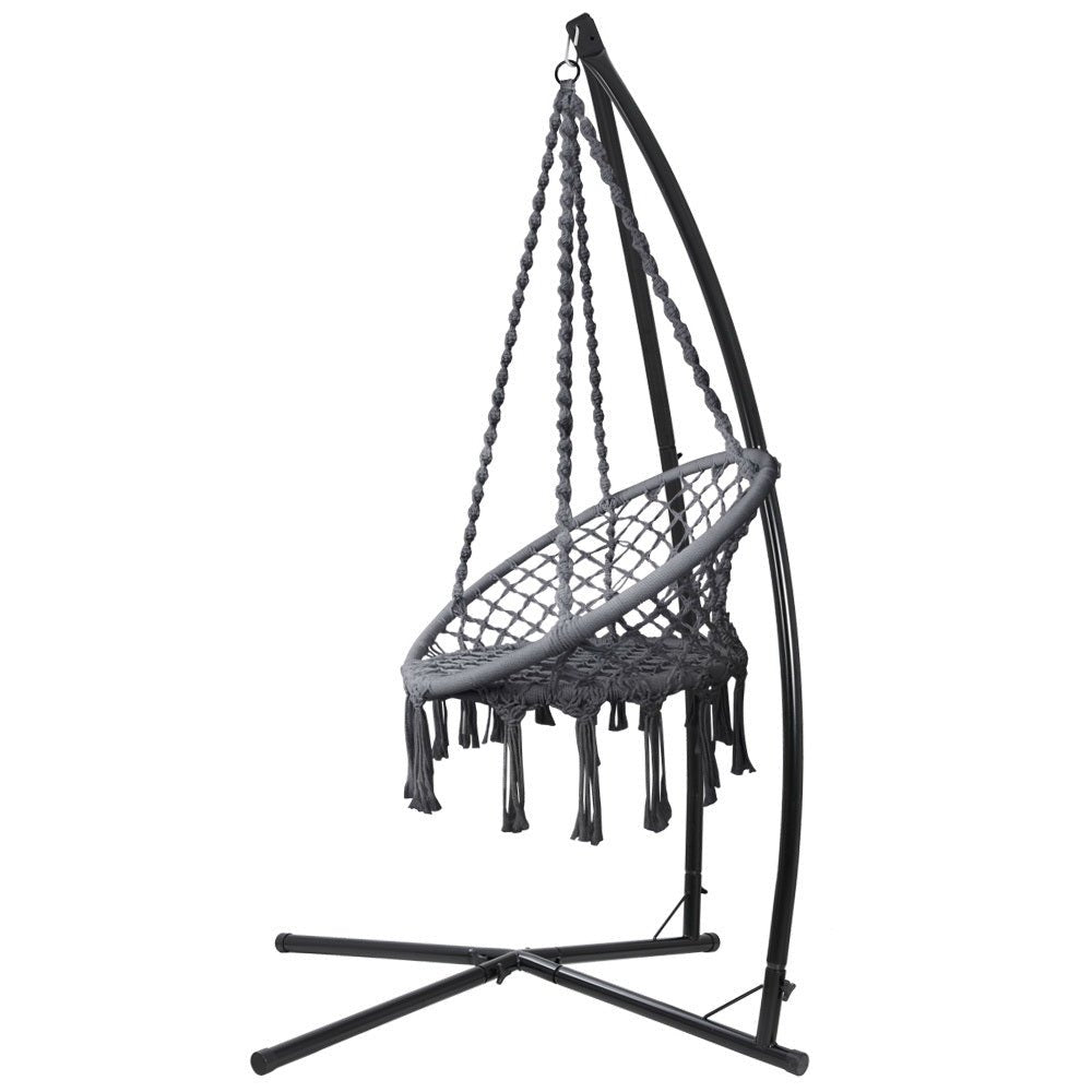 Gardeon Hammock Chair with Steel Stand Macrame Outdoor Swinging Grey - OZ Home Deals