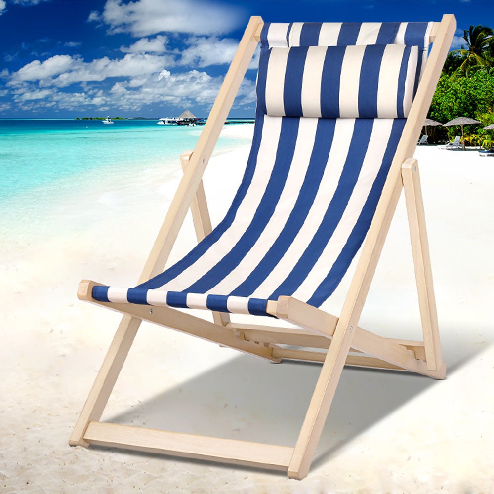 Gardeon Outdoor Deck Chair Wooden Sun Lounge Folding Beach Patio Furniture Blue - OZ Home Deals