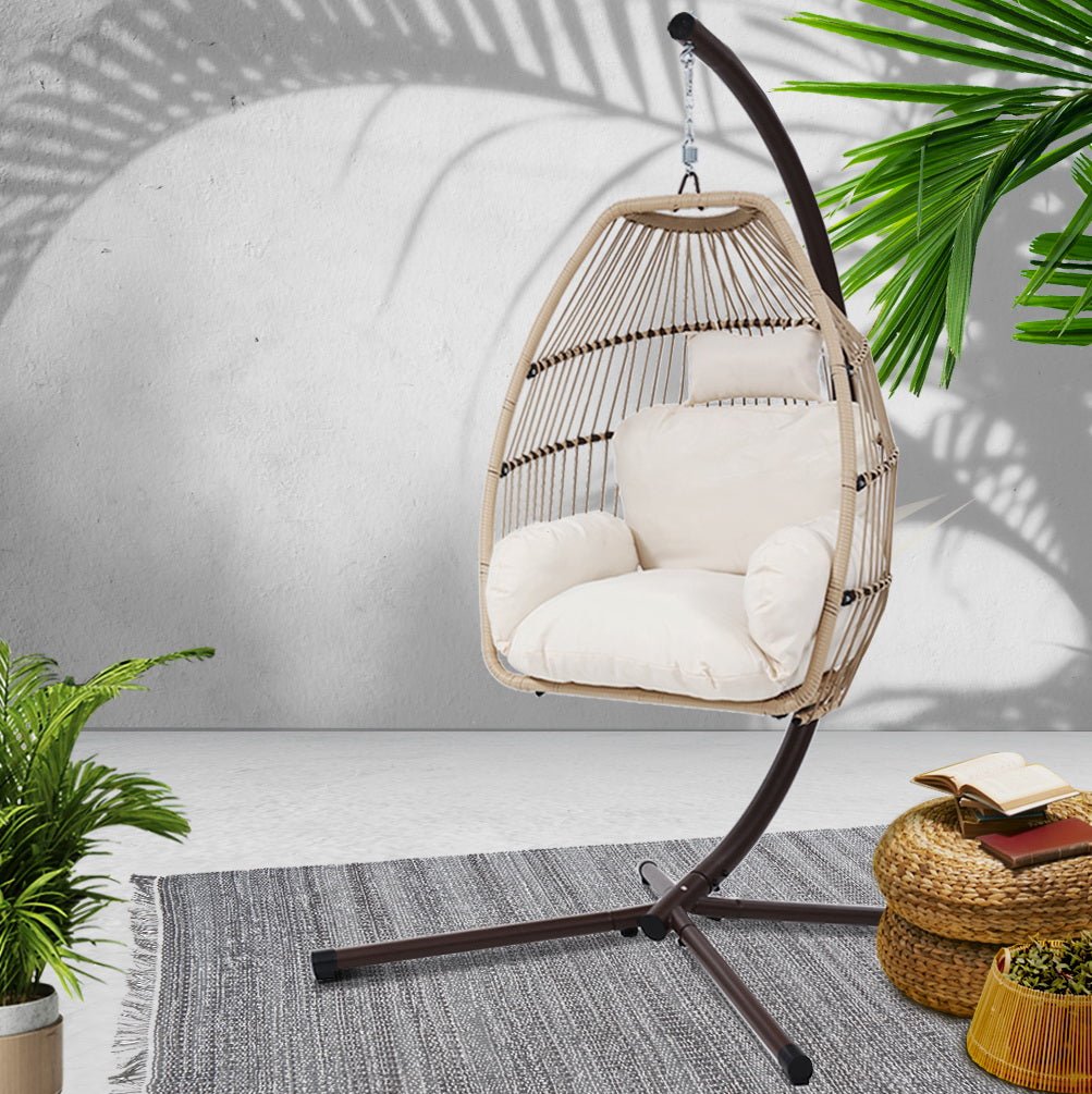 Gardeon Outdoor Egg Swing Chair Hanging Chair Wicker Rope Pod Stand Cushion Latte - OZ Home Deals