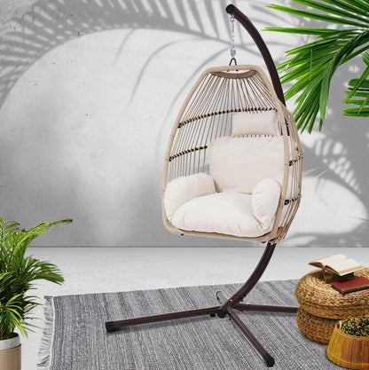 Gardeon Outdoor Egg Swing Chair Hanging Chair Wicker Rope Pod Stand Cushion Latte - OZ Home Deals