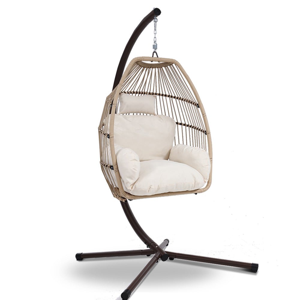 Gardeon Outdoor Egg Swing Chair Hanging Chair Wicker Rope Pod Stand Cushion Latte - OZ Home Deals