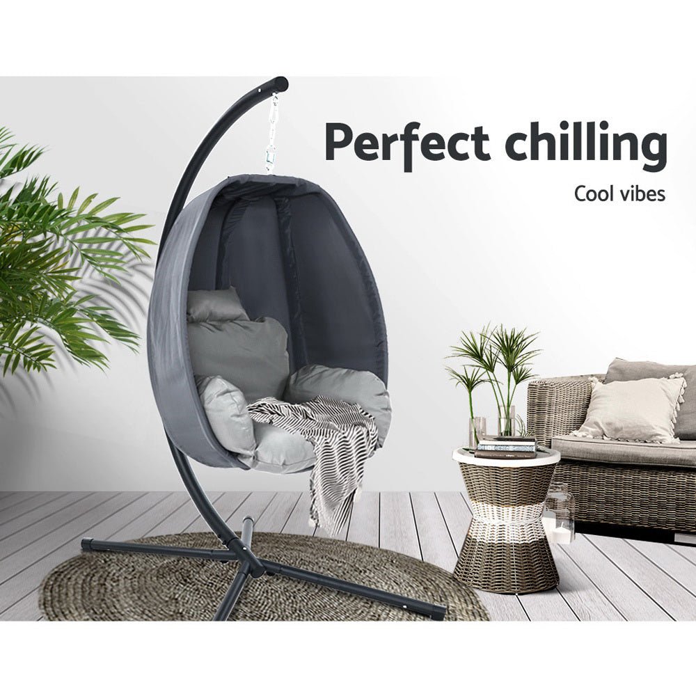 Gardeon Outdoor Egg Swing Chair Patio Furniture Pod Stand Canopy Foldable Grey - OZ Home Deals