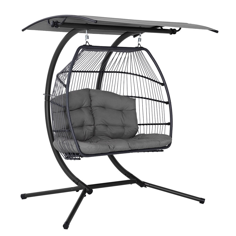 Gardeon Outdoor Egg Swing Chair Wicker Furniture Pod Stand Canopy 2 Seater Grey - OZ Home Deals