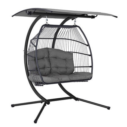 Gardeon Outdoor Egg Swing Chair Wicker Furniture Pod Stand Canopy 2 Seater Grey - OZ Home Deals