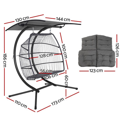 Gardeon Outdoor Egg Swing Chair Wicker Furniture Pod Stand Canopy 2 Seater Grey - OZ Home Deals