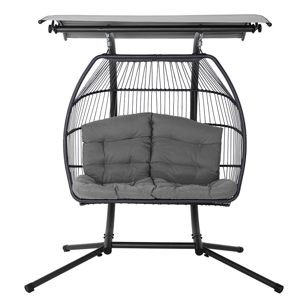 Gardeon Outdoor Egg Swing Chair Wicker Furniture Pod Stand Canopy 2 Seater Grey - OZ Home Deals