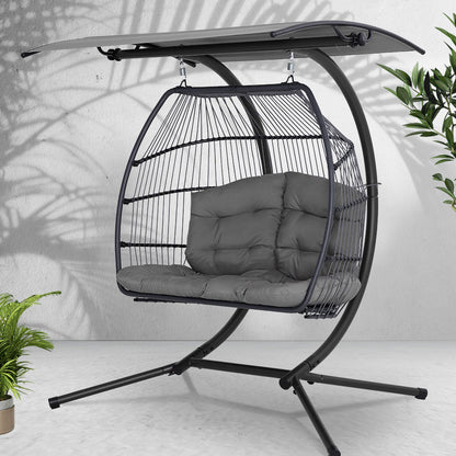 Gardeon Outdoor Egg Swing Chair Wicker Furniture Pod Stand Canopy 2 Seater Grey - OZ Home Deals
