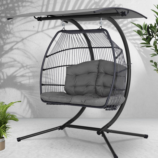 Gardeon Outdoor Egg Swing Chair Wicker Furniture Pod Stand Canopy 2 Seater Grey - OZ Home Deals