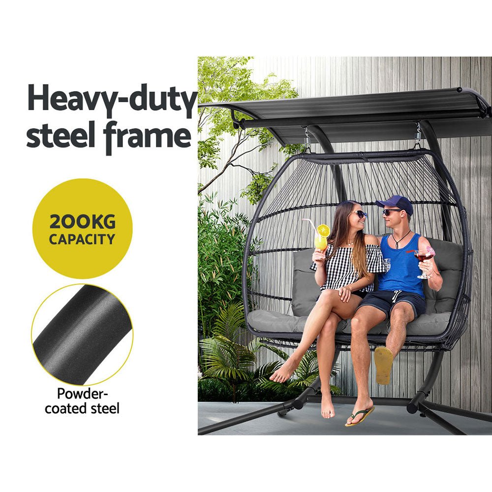 Gardeon Outdoor Egg Swing Chair Wicker Furniture Pod Stand Canopy 2 Seater Grey - OZ Home Deals