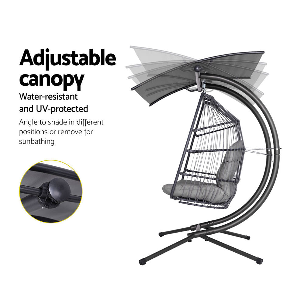 Gardeon Outdoor Egg Swing Chair Wicker Furniture Pod Stand Canopy 2 Seater Grey - OZ Home Deals