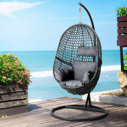 Gardeon Outdoor Egg Swing Chair Wicker Rattan Furniture Pod Stand Cushion Black - OZ Home Deals