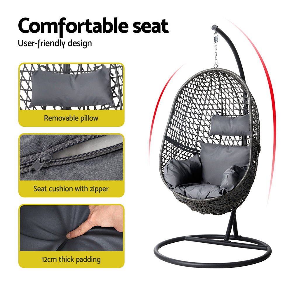 Gardeon Outdoor Egg Swing Chair Wicker Rattan Furniture Pod Stand Cushion Black - OZ Home Deals