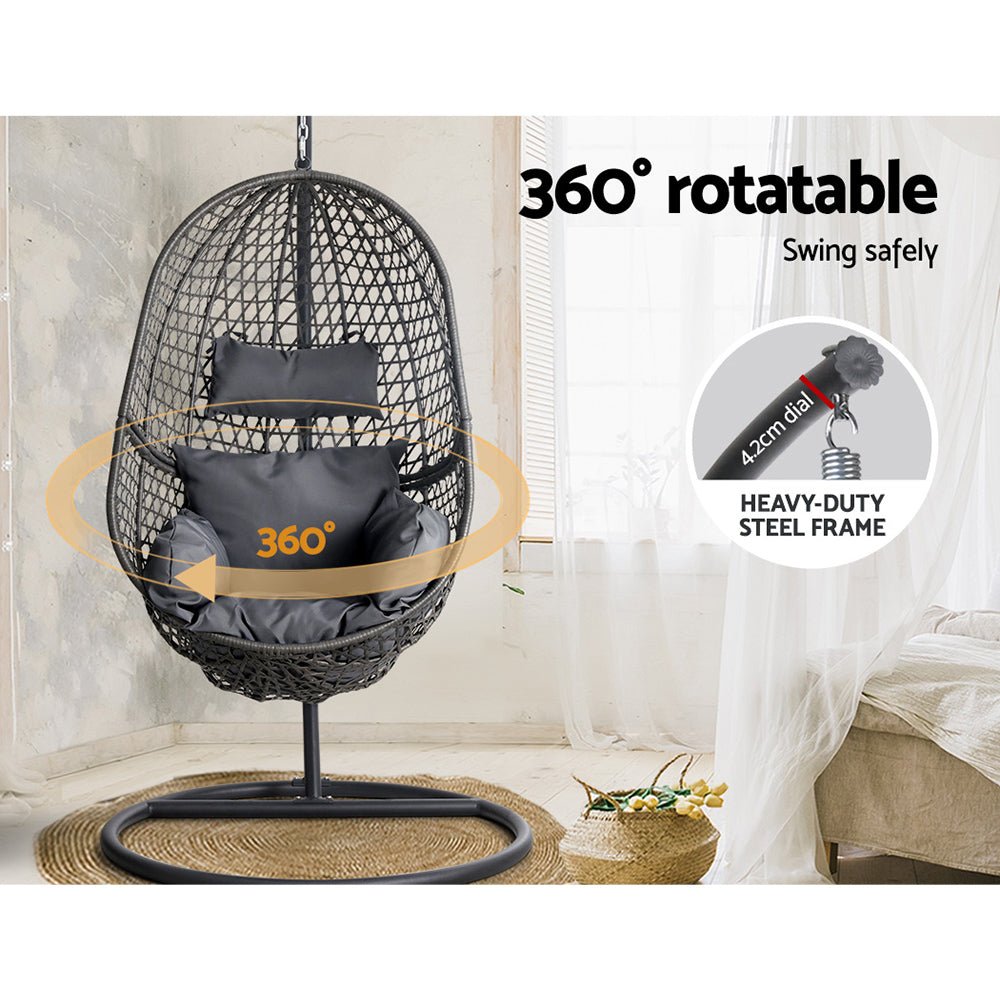 Gardeon Outdoor Egg Swing Chair Wicker Rattan Furniture Pod Stand Cushion Black - OZ Home Deals