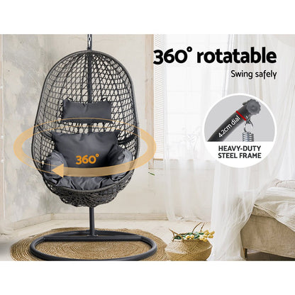 Gardeon Outdoor Egg Swing Chair Wicker Rattan Furniture Pod Stand Cushion Black - OZ Home Deals