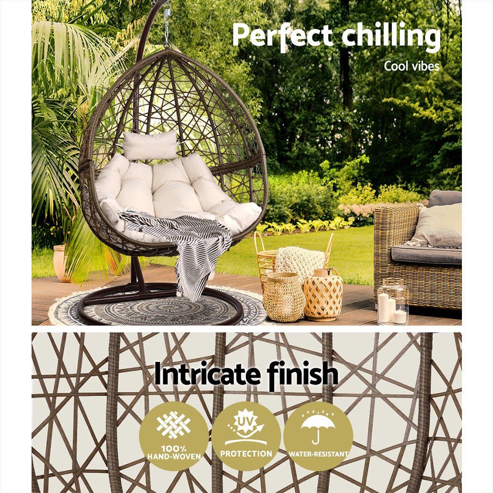 Gardeon Outdoor Egg Swing Chair Wicker Rattan Furniture Pod Stand Cushion Latte - OZ Home Deals