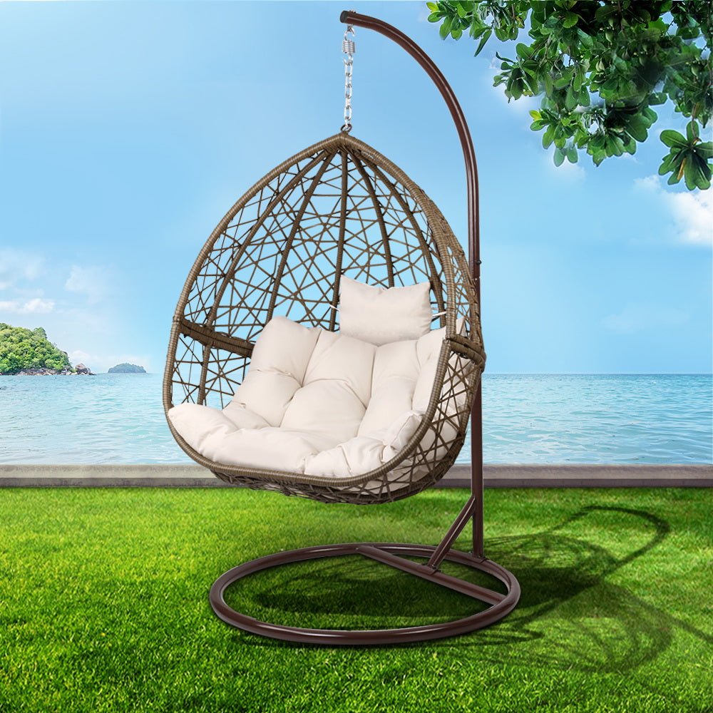 Gardeon Outdoor Egg Swing Chair Wicker Rattan Furniture Pod Stand Cushion Latte - OZ Home Deals