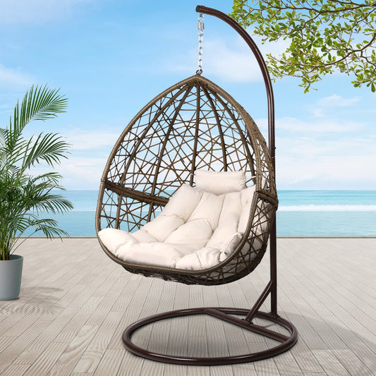 Gardeon Outdoor Egg Swing Chair Wicker Rattan Furniture Pod Stand Cushion Latte - OZ Home Deals