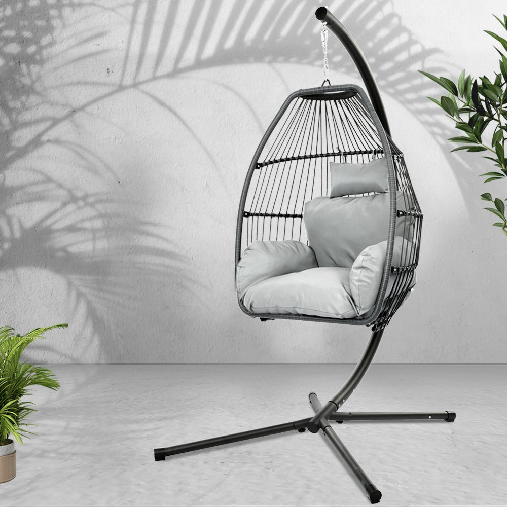 Gardeon Outdoor Egg Swing Chair Wicker Rope Furniture Pod Stand Cushion Grey - OZ Home Deals