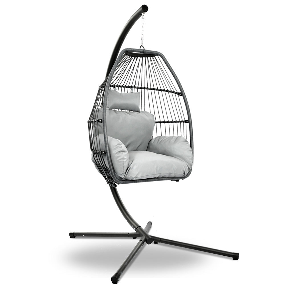 Gardeon Outdoor Egg Swing Chair Wicker Rope Furniture Pod Stand Cushion Grey - OZ Home Deals
