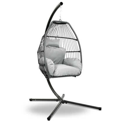 Gardeon Outdoor Egg Swing Chair Wicker Rope Furniture Pod Stand Cushion Grey - OZ Home Deals