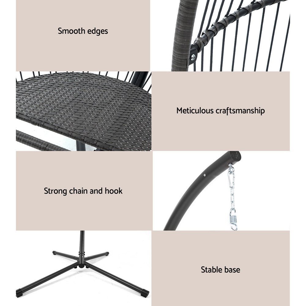 Gardeon Outdoor Egg Swing Chair Wicker Rope Furniture Pod Stand Cushion Grey - OZ Home Deals