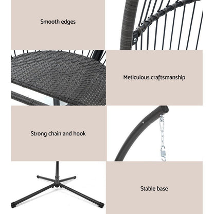 Gardeon Outdoor Egg Swing Chair Wicker Rope Furniture Pod Stand Cushion Grey - OZ Home Deals
