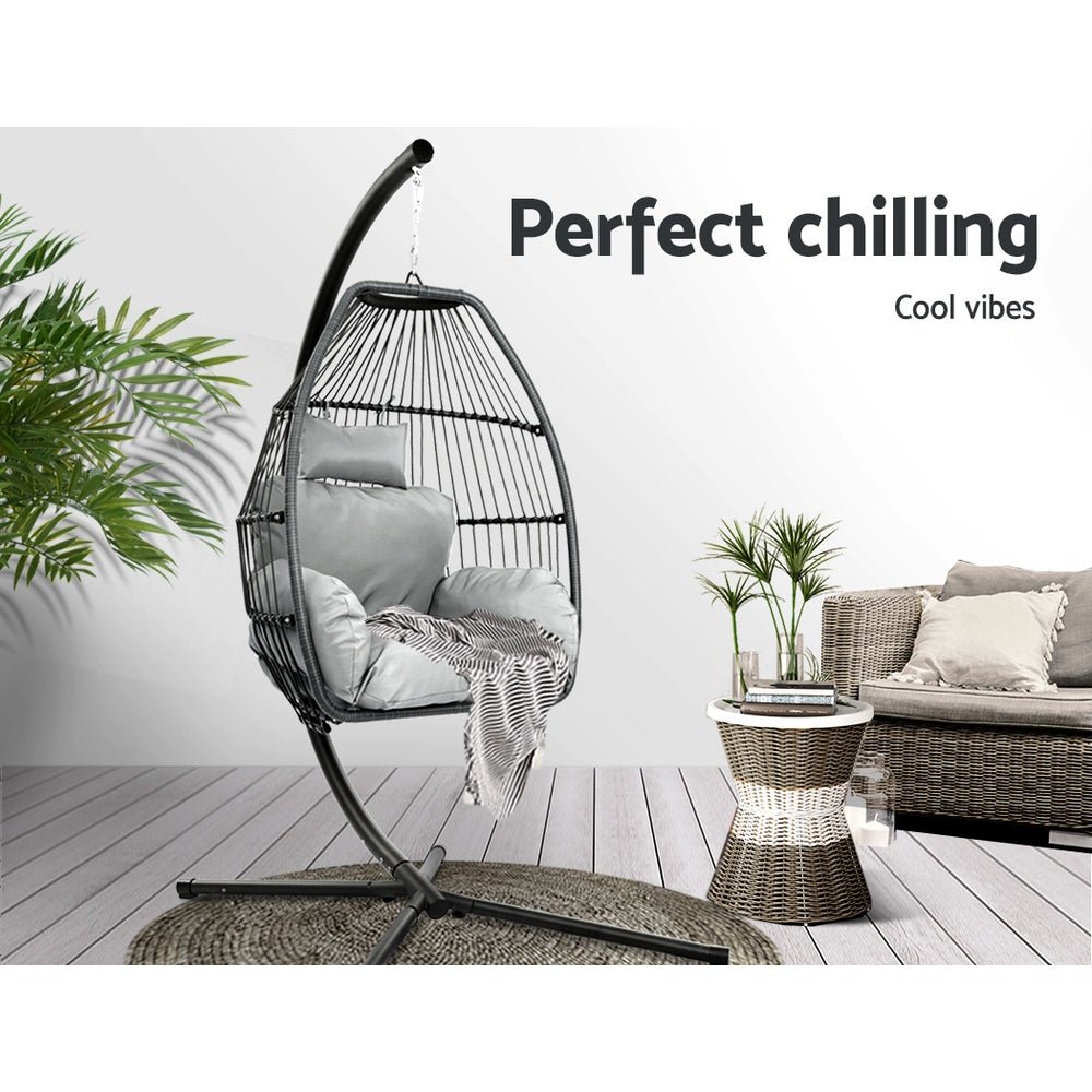 Gardeon Outdoor Egg Swing Chair Wicker Rope Furniture Pod Stand Cushion Grey - OZ Home Deals