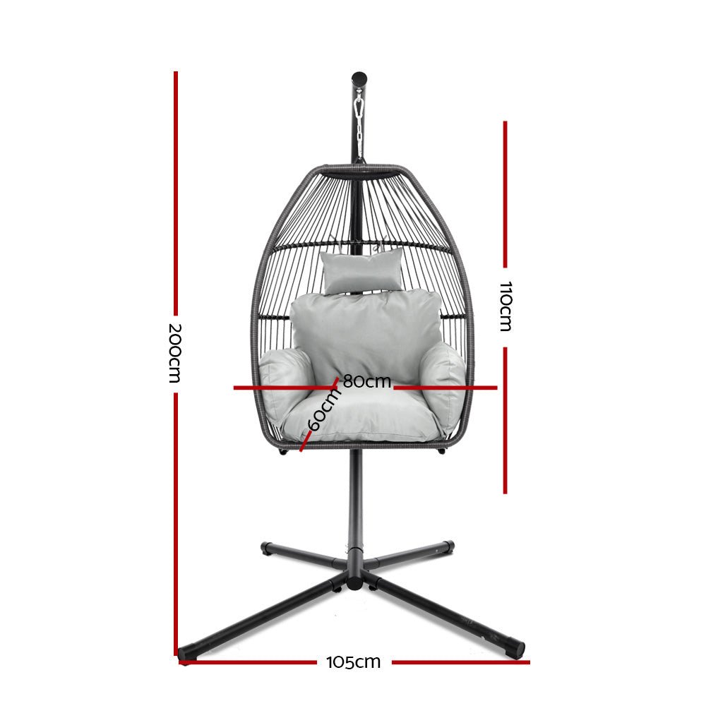 Gardeon Outdoor Egg Swing Chair Wicker Rope Furniture Pod Stand Cushion Grey - OZ Home Deals