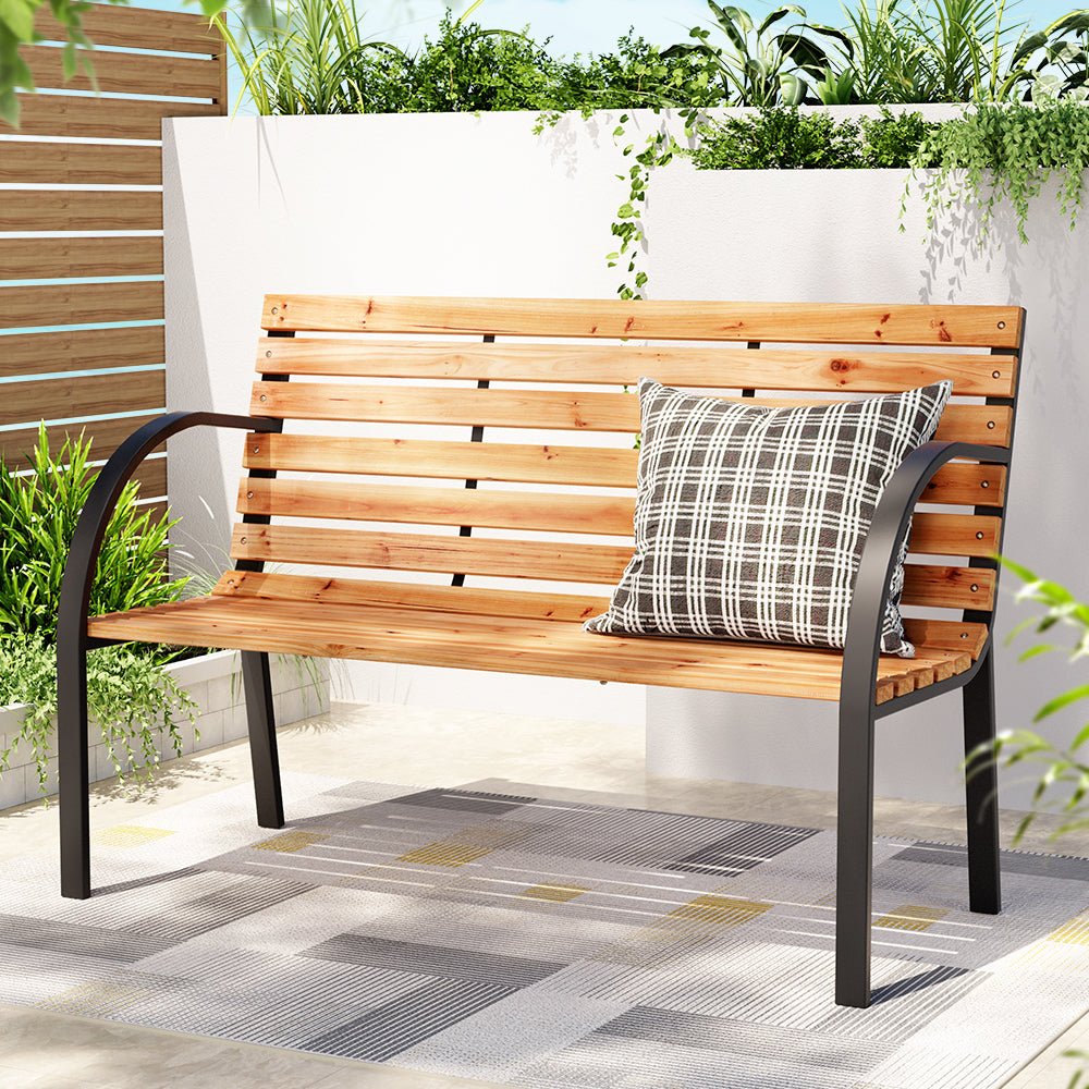 Gardeon Outdoor Garden Bench Seat 120cm Wooden Steel 2 Seater Patio Furniture Natural - OZ Home Deals
