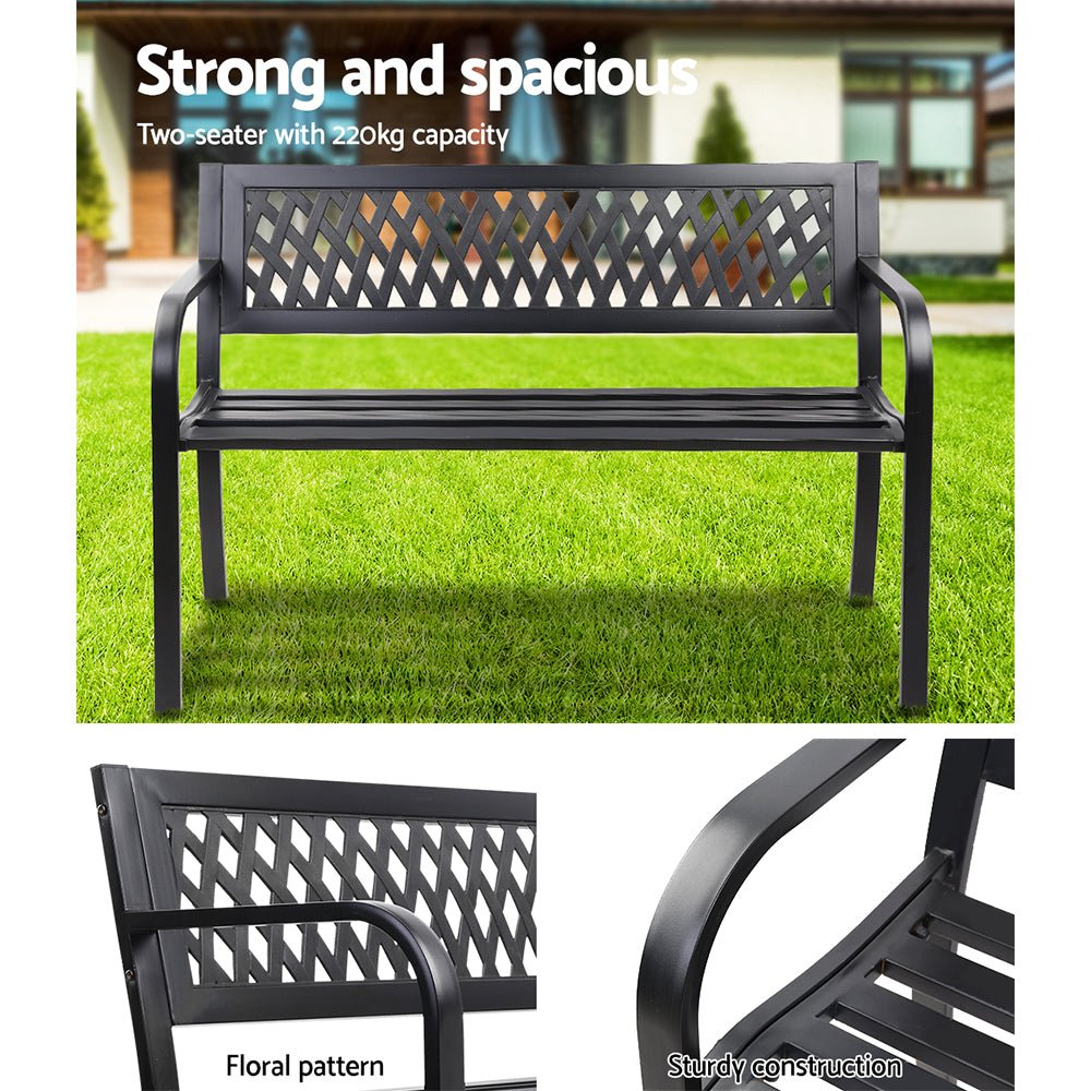 Gardeon Outdoor Garden Bench Seat Steel Outdoor Furniture 2 Seater Park Black - OZ Home Deals