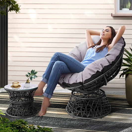 Gardeon Outdoor Lounge Setting Papasan Chair Wicker Table Garden Furniture Black - OZ Home Deals