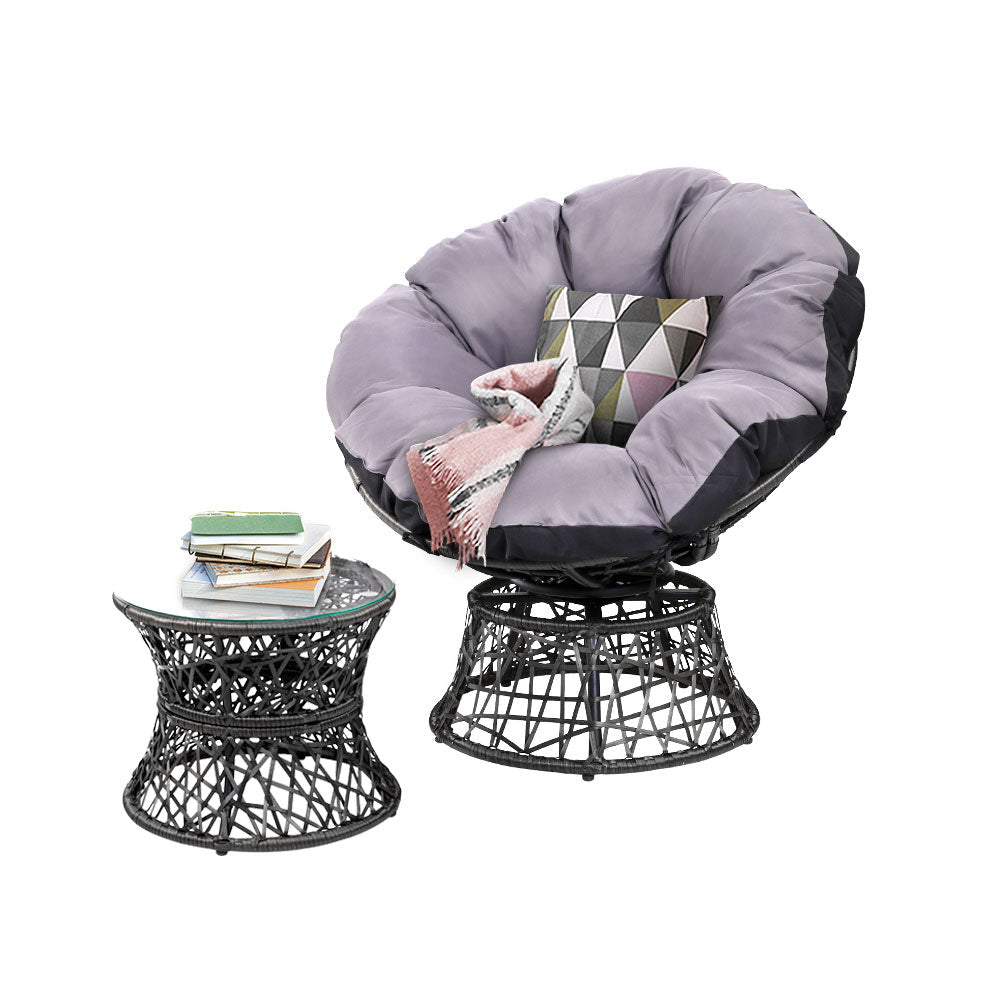 Gardeon Outdoor Lounge Setting Papasan Chair Wicker Table Garden Furniture Black - OZ Home Deals