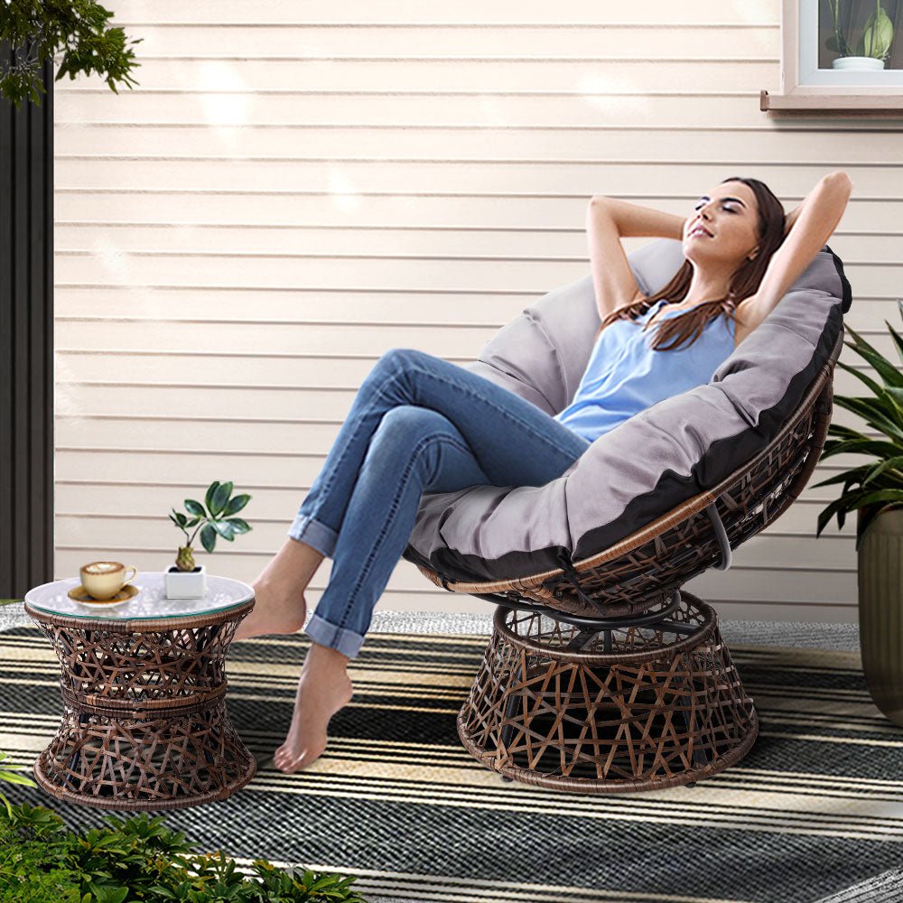 Gardeon Outdoor Lounge Setting Papasan Chair Wicker Table Garden Furniture Brown - OZ Home Deals
