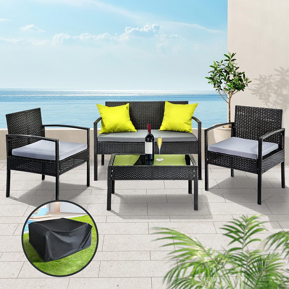 Gardeon Outdoor Sofa Set Wicker Lounge Setting Table and Chairs Storage Cover - OZ Home Deals