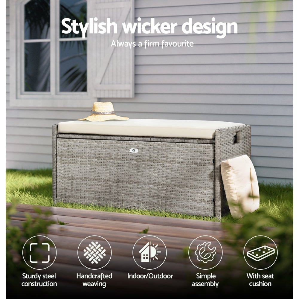 Gardeon Outdoor Storage Bench Box Wicker Garden Sheds Tools Cushion Patio Furniture Grey - OZ Home Deals