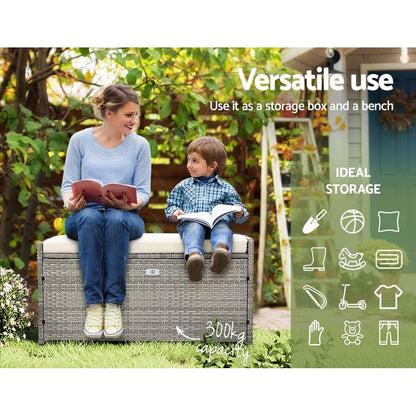 Gardeon Outdoor Storage Bench Box Wicker Garden Sheds Tools Cushion Patio Furniture Grey - OZ Home Deals