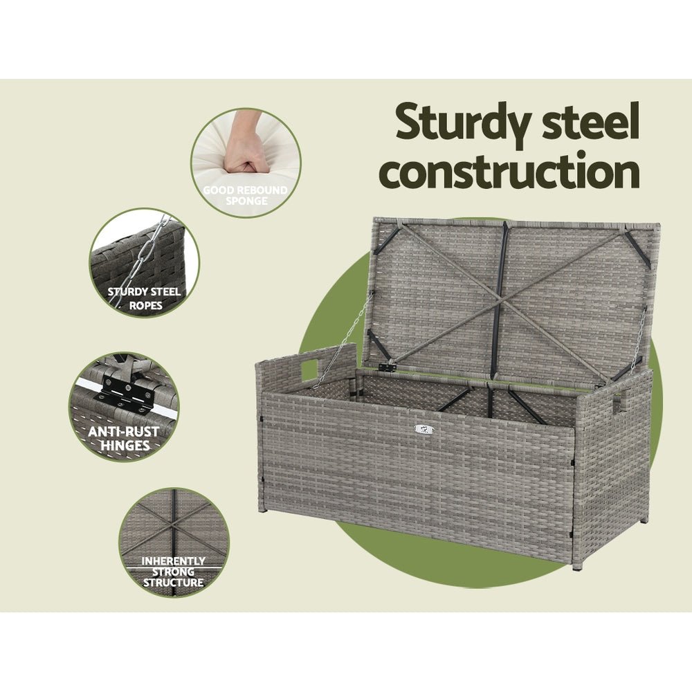 Gardeon Outdoor Storage Bench Box Wicker Garden Sheds Tools Cushion Patio Furniture Grey - OZ Home Deals