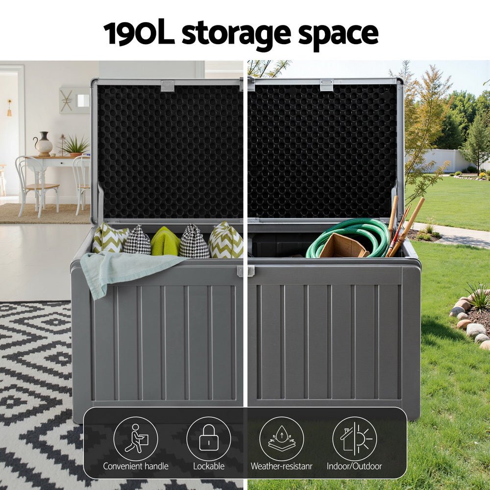 Gardeon Outdoor Storage Box 190L Container Lockable Garden Bench Tool Shed Black - OZ Home Deals
