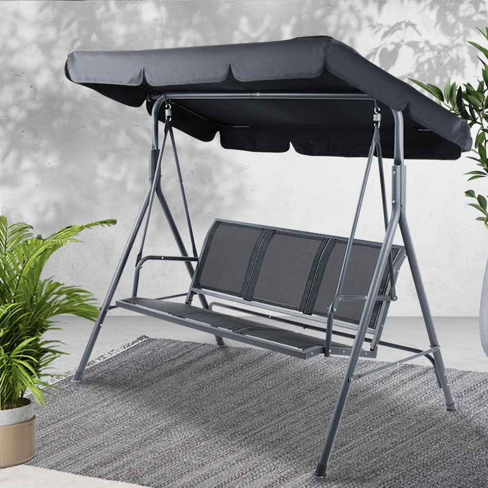 Gardeon Outdoor Swing Chair Garden Bench Furniture Canopy 3 Seater Mesh Black - OZ Home Deals