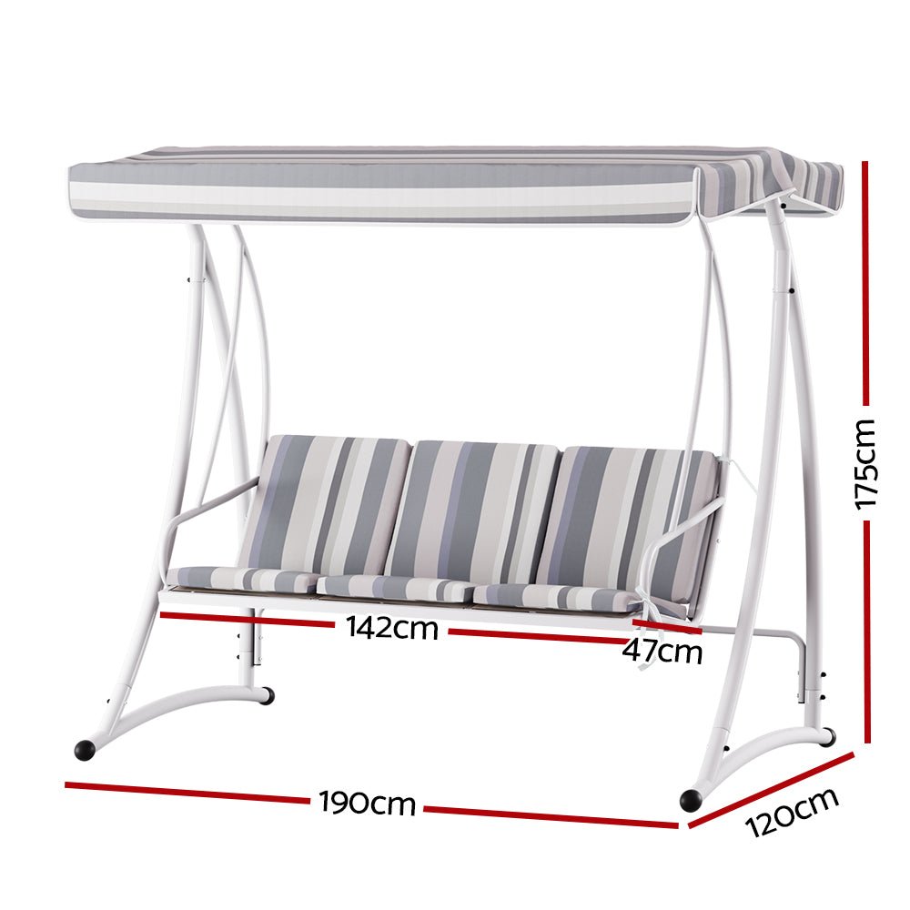 Gardeon Outdoor Swing Chair Garden Bench Furniture Canopy 3 Seater White Grey - OZ Home Deals