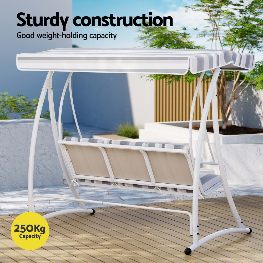 Gardeon Outdoor Swing Chair Garden Bench Furniture Canopy 3 Seater White Grey - OZ Home Deals