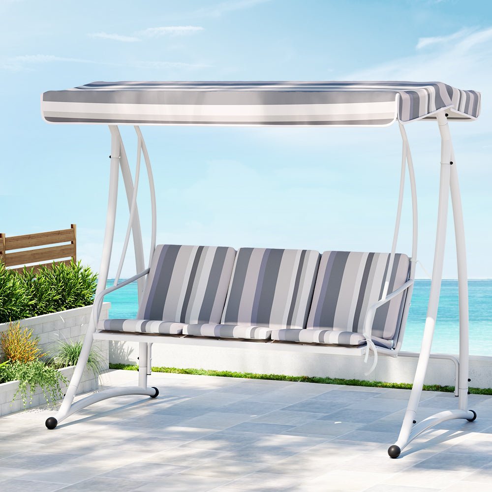 Gardeon Outdoor Swing Chair Garden Bench Furniture Canopy 3 Seater White Grey - OZ Home Deals
