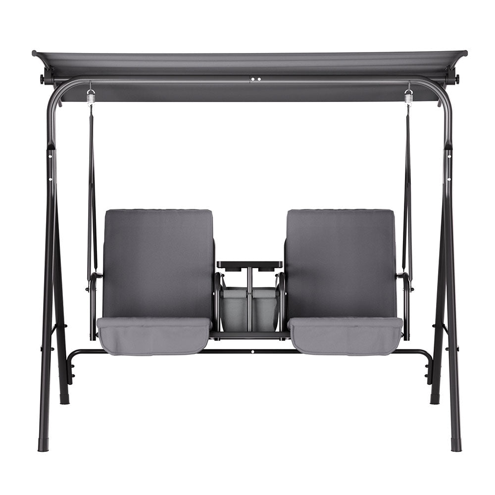 Gardeon Outdoor Swing Chair Garden Chair Canopy Cup Holder 2 Seater Grey - OZ Home Deals