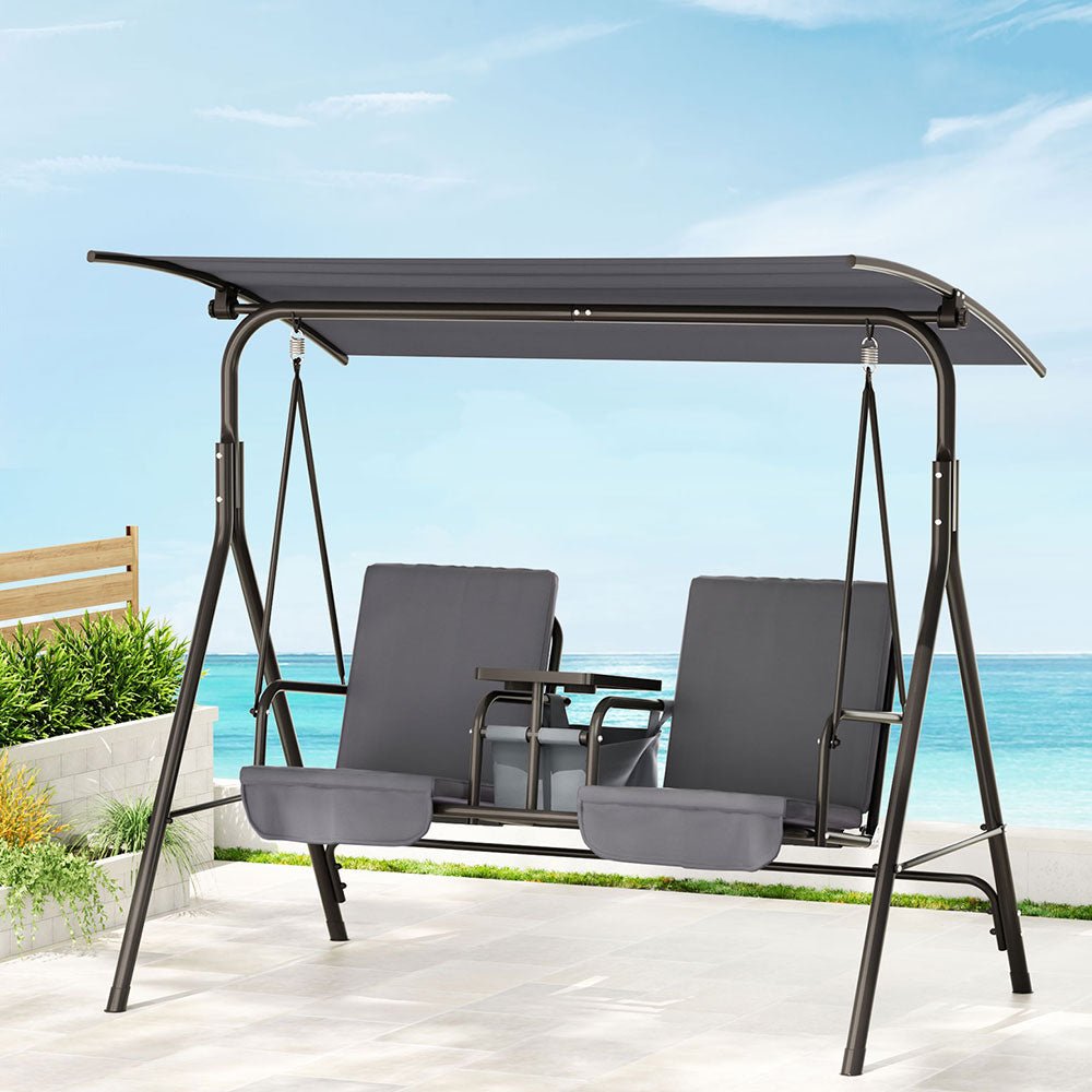 Gardeon Outdoor Swing Chair Garden Chair Canopy Cup Holder 2 Seater Grey - OZ Home Deals
